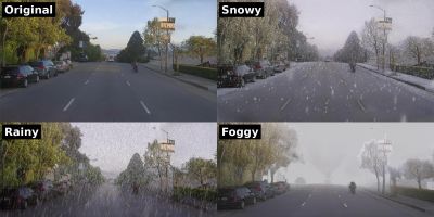 Four split screens all showing the same urban road lined with trees and parked cars. Each are overlayed with different weather and titled: original; snowy; rainy; foggy.