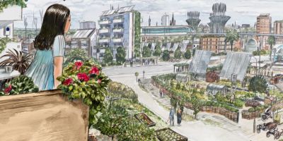 An illustration of a young girl looking over the town from a balcony. There is an allotment below her and the buildings are all covered in plants.