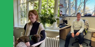 Left: Helena Brown sitting in front of a windowsill with a small brown dog on her lap. Right: David Ashley sitting in an office in front of a window with blue sky outside.