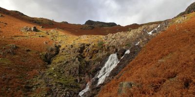 A valley covered in ferns, grass and plants, with a waterfall down the centre.