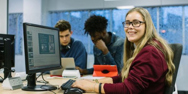 Student working in a computer cluster at the School of Geography, University of Leeds