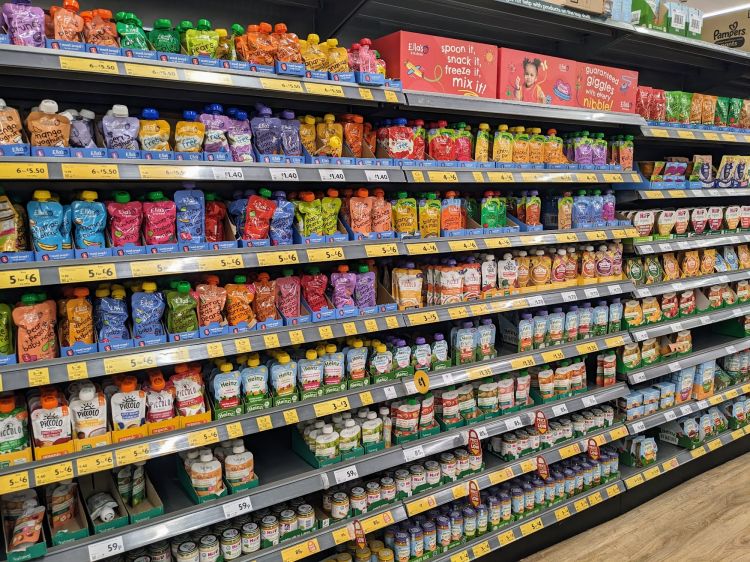 Tins of food on shelves