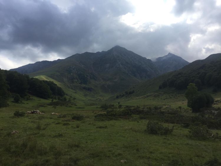 A photograph of pastoral landscapes and Pyrenean peaks.
