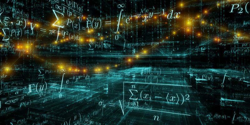 An abstract image containing lots of formulas in blue and yellow light
